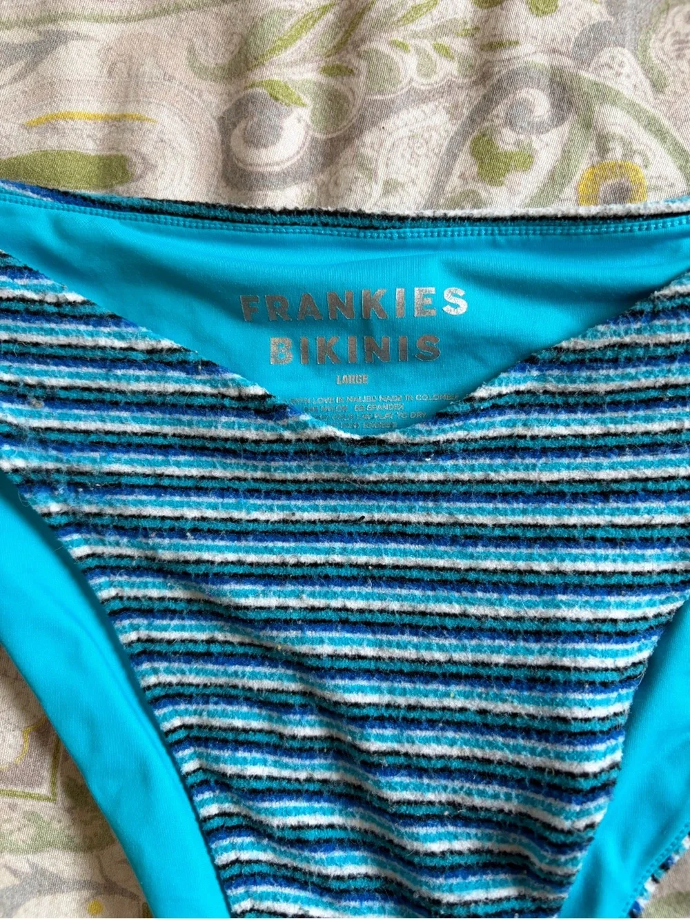 Frankie's Bikinis Teal and Navy Striped Triangle Bikini